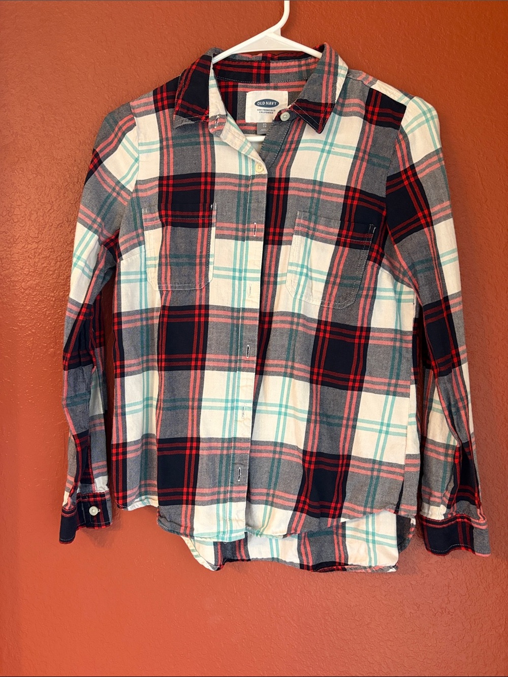Old Navy Red Navy White Plaid Button-Up Shirt